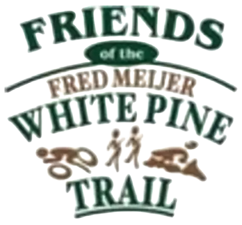 Logo for Friends of the Fred Meijer White Pine Trail with icons of a bicyclist, two hikers, and a cross-country skier beneath the text.