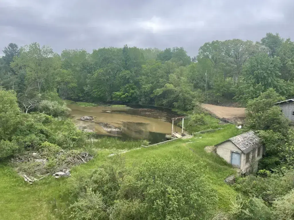 A small pond surrounded by dense green trees and bushes under a cloudy sky, with an old shed and scattered debris in the grassy foreground.