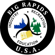Circular logo for Big Rapids, USA, featuring icons representing industry (factory), recreation (trees), and education (open book). The words Industry, Recreation, and Education surround the icons.